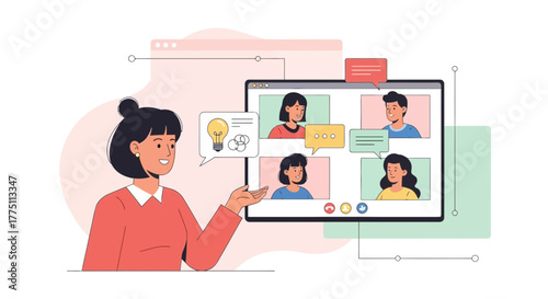 Illustration depicting a video conference meeting with multiple participants using a web application