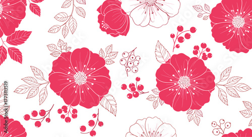 Elegant seamless pattern with blooming pink flowers, delicate leaves, and vibrant berries on a pristine white background, perfect for textiles and decor.