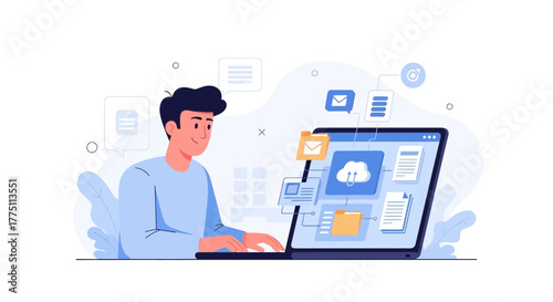 Illustration of a Man Working on a Laptop with Cloud Storage and Digital Files