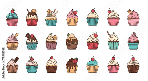 A charming collection of colorful, assorted cupcake illustrations with various toppings, perfect for sweet treat designs.