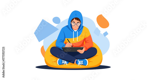 Illustration of a person using a tablet while sitting on a bean bag in a cozy position