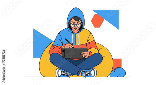 Illustration of a person using a tablet while sitting on a beanbag chair to work or create art