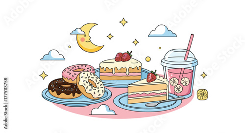 Whimsical illustration of delightful desserts and a refreshing drink, featuring donuts, strawberry cakes, and a charming moon with stars.