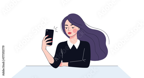 An elegant young woman with long, flowing dark purple hair and a chic white-collared top captures a self-portrait using her smartphone, showcasing a serene expression.