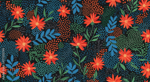 A vibrant floral pattern featuring striking orange flowers and an array of colorful leaves and dots on a dark, artistic background.