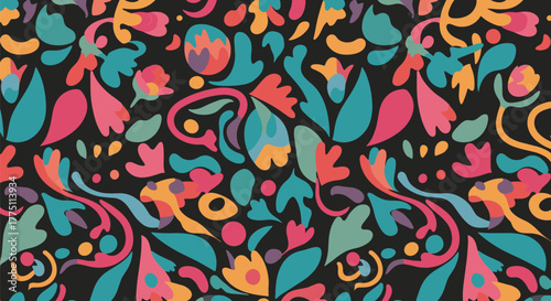 Vibrant and playful abstract floral seamless pattern with stylized organic shapes and swirling elements on a dark background, ideal for textiles.
