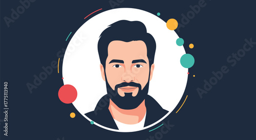 Modern flat design illustration of a male character with a beard and dark hair, enclosed in a circle with abstract decorative elements.