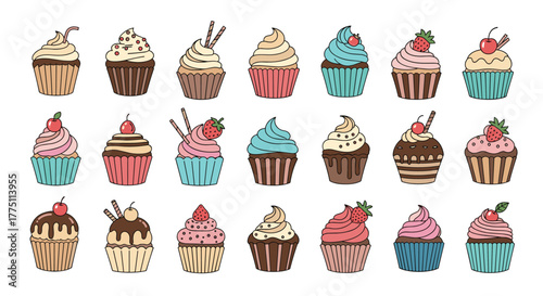 A colorful collection of hand-drawn cartoon cupcakes with various toppings and decorations, perfect for sweet treats.