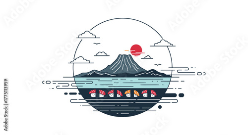 A minimalist vector illustration depicting Mount Fuji with a red sun, tranquil waters, and a row of sushi, all framed within a circular design.
