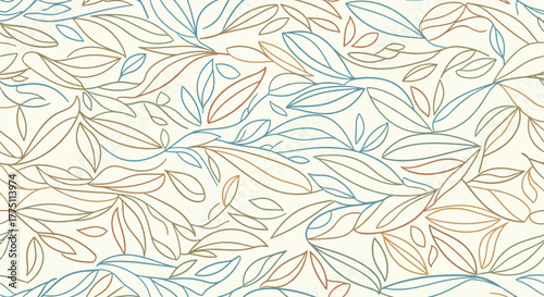 Seamless pattern of delicate outline leaves in blue and brown tones on a light beige background, evoking a natural and elegant textile design.