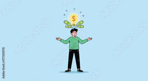 A person with a glowing lightbulb featuring a dollar sign and money leaves sprouting from their head, symbolizing profitable ideas and financial innovation.