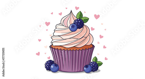 An enchanting illustration of a delightful berry cupcake topped with creamy pink frosting, nestled among scattered hearts, perfect for romantic and sweet themes.