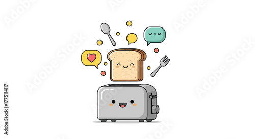 Cute animated toaster smiles as a slice of cheerful toast, surrounded by breakfast icons, pops out in a fun illustration.