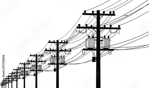 Electric utility poles with transformers and power lines in detailed black silhouette perspective view, energy infrastructure, cad drawing flat vector illustration