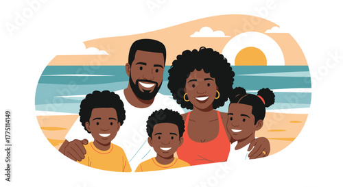 Smiling African American family of five embracing on a sunny beach during their summer vacation, with the ocean and a sunset in the background.