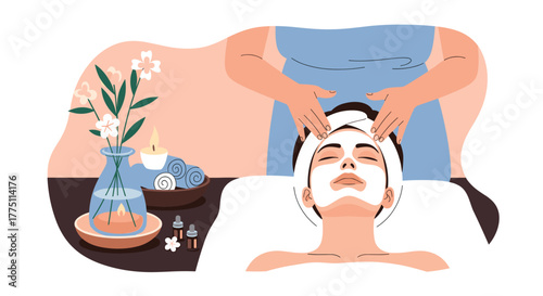 Serene spa day: a woman with a face mask receives a professional facial massage surrounded by calming elements like candles and flowers.