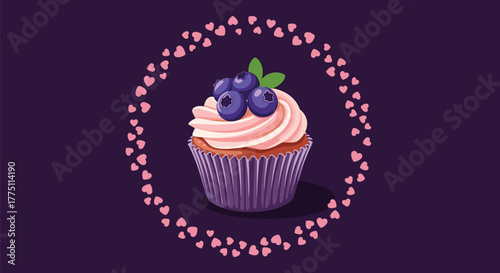 Delicious blueberry cupcake with pink frosting, nestled within a whimsical frame of floating pink hearts on a dark purple background.