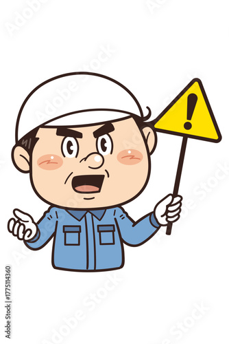 【注意】工場や現場で働く作業員が警告標識を持つイラスト｜不安全行動・不安全状態・労働災害