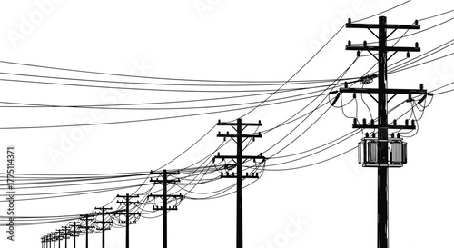 Electric power line poles with multiple wires in perspective view, detailed black silhouette illustration, infrastructure network, cad drawing flat vector illustration