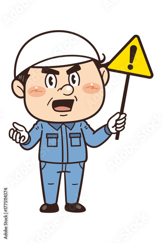 【注意】工場や現場で働く作業員が警告標識を持つイラスト｜不安全行動・不安全状態・労働災害