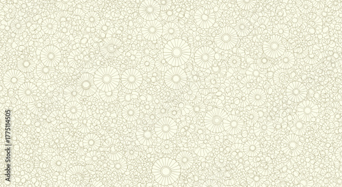 Abstract intricate seamless pattern with many outlined sun-like and circular geometric shapes of different sizes, forming a detailed decorative background.