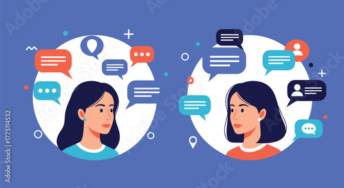 Women engaged in a digital conversation, surrounded by speech bubbles and icons, symbolizing online communication, chat, and social media.