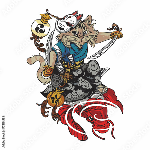 cats with fish japanese culture vector illustration