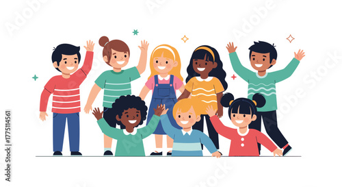 A cheerful and diverse group of children from different backgrounds waving happily, showcasing friendship, unity, and inclusivity.