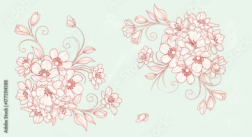 Elegant hand-drawn floral arrangements featuring delicate pink blossoms and leaves in an outline sketch style, set against a soft green background.
