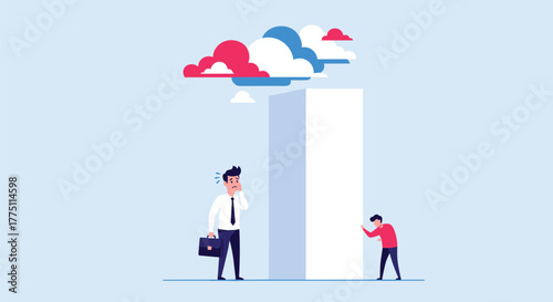 A businessman looks puzzled by a tall white wall while another man tries to push it, symbolizing challenges, problem-solving, and effort.