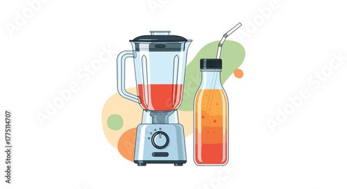 A fresh and healthy drink concept featuring a modern blender with red liquid next to a glass bottle of layered fruit juice and a drinking straw.