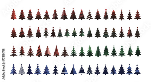 Collection of stylized Christmas tree illustrations in various colors and patterns, arranged in multiple rows on a white background.
