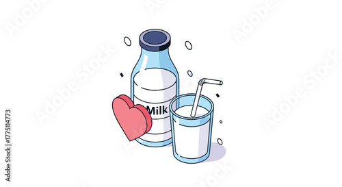 Isometric illustration depicting a bottle of milk, a glass with a straw, and a red heart, symbolizing healthy living and nutritious drinks.