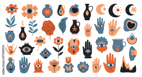 A vibrant collection of mystical and bohemian spiritual symbols, featuring abstract evil eyes, hamsa hands, celestial moons, and decorative floral elements.