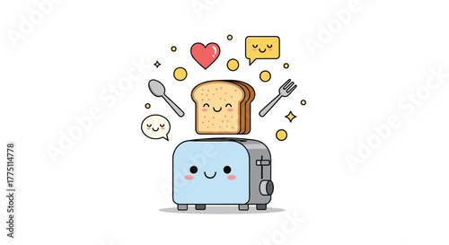 Cute cartoon toaster preparing a joyful breakfast with happy toast, a heart, a spoon, and a fork, surrounded by sparkle.