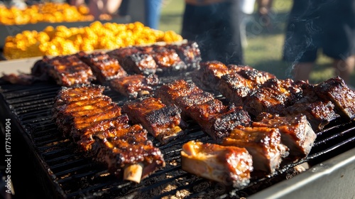 Fototapeta Naklejka Na Ścianę i Meble -  Smoked BBQ Ribs Grilling Outdoors With Vibrant Colors