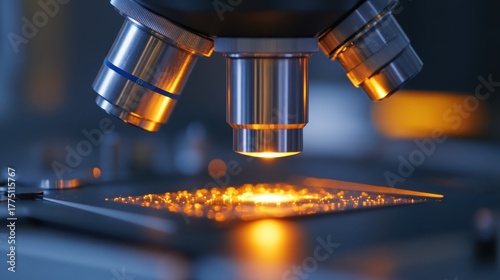 Close up view of microscope objective lens in scientific analysis