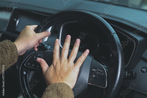 Man, hands and honking while driving car.