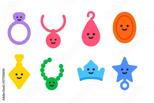 Cute and colorful cartoon charms with happy faces arranged in a playful layout for kids and creative projects