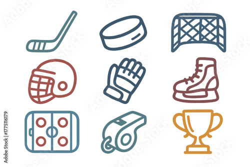 Hockey equipment and symbols showcasing the sport's key elements and gear used during gameplay