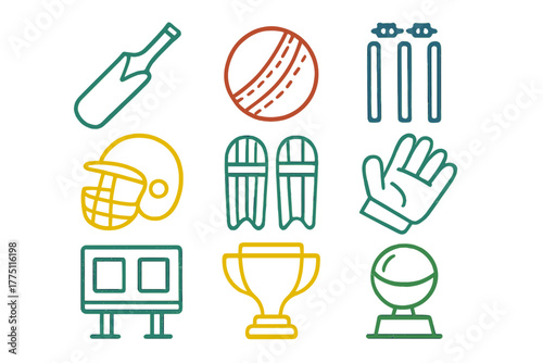 Various cricket equipment icons showcasing the sport's essentials in a colorful design