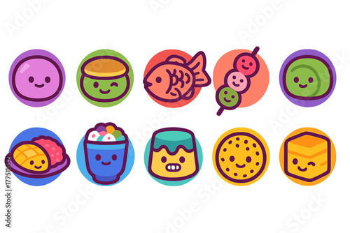 Colorful cartoon food icons featuring desserts, snacks, and fruits in a playful design on a light background