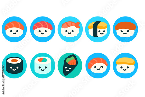 Colorful cartoon sushi icons displayed in a cheerful arrangement on a bright blue background