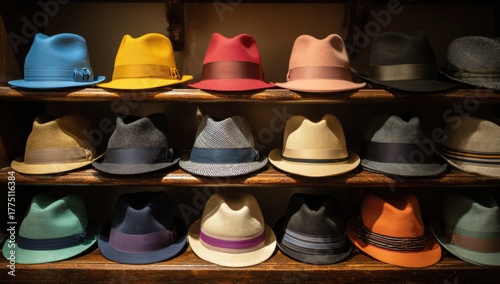 Row of colorful hats on wooden shelves