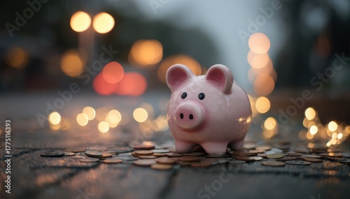 Fototapeta Naklejka Na Ścianę i Meble -  Pink piggy bank on coins at night (1)