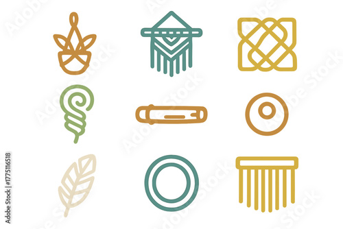 Decorative wall art designs featuring plants, patterns, and textures in warm colors and simple shapes