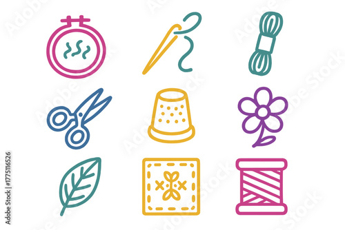 Colorful sewing tools and accessories arranged in a neat pattern