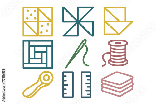 Creative craft symbols showcasing sewing, quilting, and textile arts in a colorful, simple design perfect for crafters and DIY enthusiasts