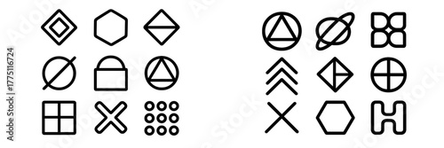 Collection of simple geometric shapes and symbols arranged in a grid pattern showcasing design elements for various applications