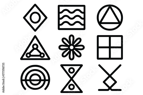 Geometric symbols and patterns arranged in a grid creating a modern design aesthetic suitable for various applications